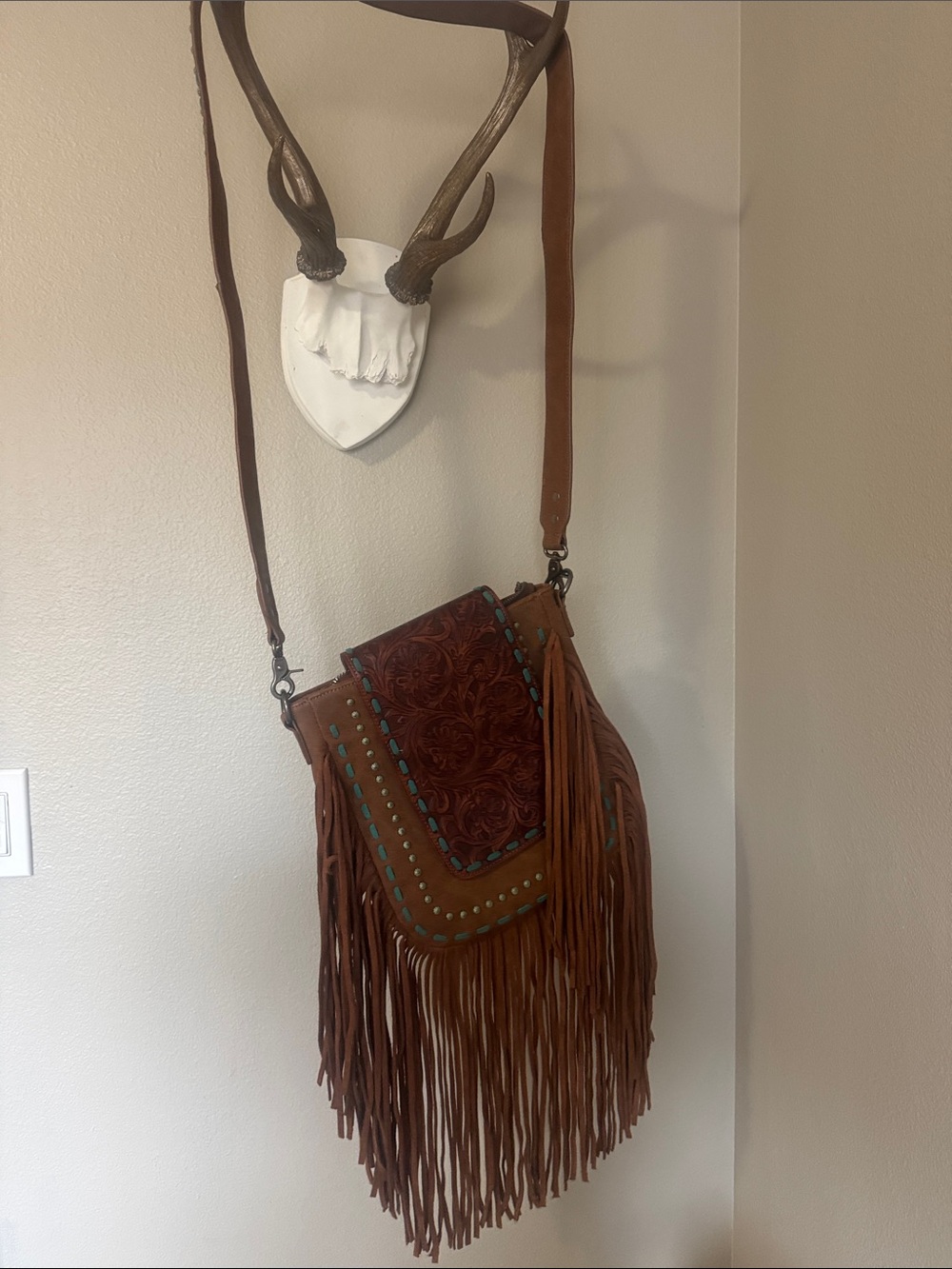 Fringed Tooled Leather Crossbody Bag - Brown